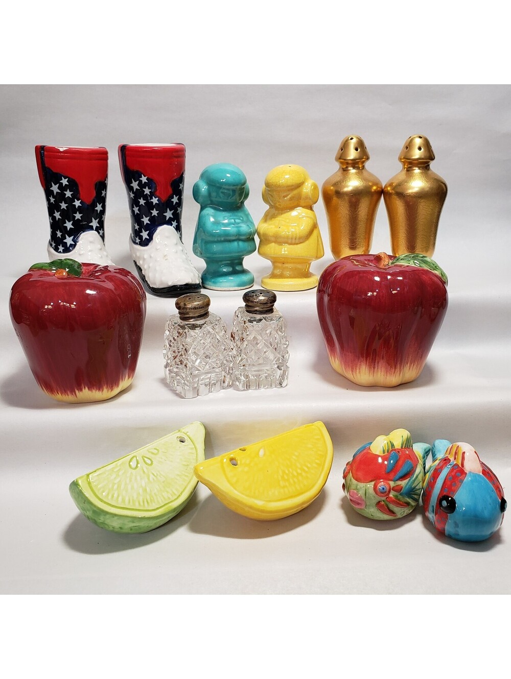 Vintage to New Salt & Pepper Lot 7 Pairs Kitsch Boots Apples Lemons Fish